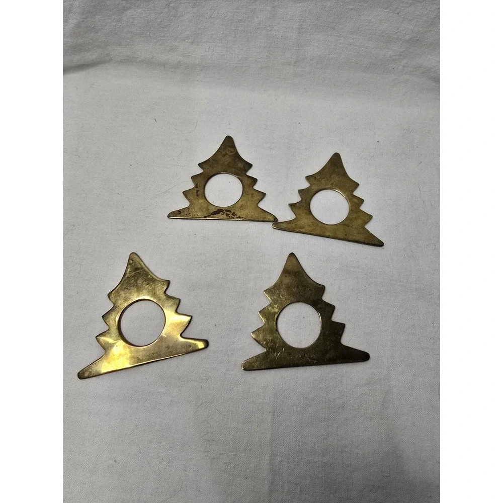 Vintage Brass Christmas Tree Napkin Rings‎ Set of 4 Gold Holiday Table Decor MCM